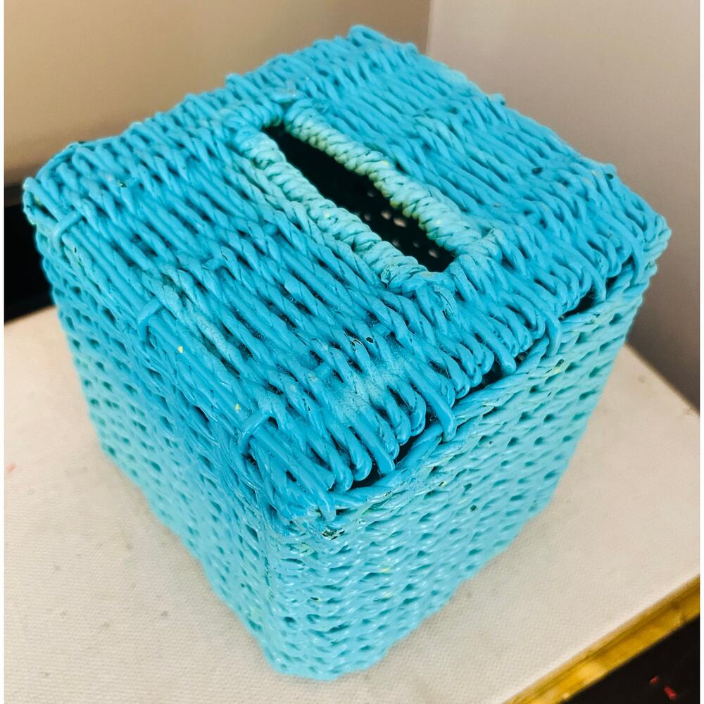 Vintage Sustainable Rattan Woven Tissue Blue Box Cover - 5.5” tall x 5” wide